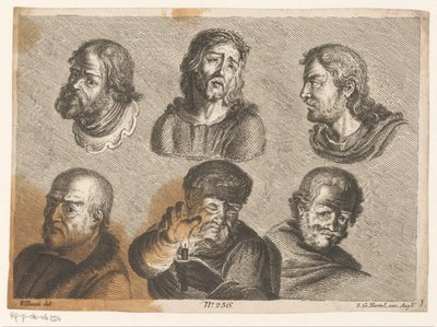 Zes mannenkoppen, waaronder Christus en een man met kaars 作者 约翰·格奥尔格·赫特尔（一）