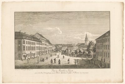 Gezicht op de Hackescher Markt in Berlijn, met de Marienkirche op de achtergrond
从奥兰治堡街拍摄的哈克街景色，远处是斯潘道桥和圣玛丽教堂（标题见实物） 作者 约翰·乔治·罗森伯格