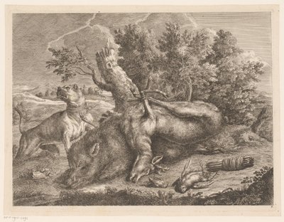 狩猎犬和狩猎靴与野猪、鹿和鸟类
户外狩猎（系列标题） 作者 Johann Georg Wachsschlunger