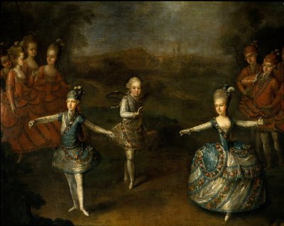 1765 年 1 月 24 日约瑟夫二世与玛丽·约瑟芬·安托瓦内特·德·巴维埃 (Marie Josephine Antoinette de Baviere) 结婚时，克里斯托夫·威利博尔德·格鲁克 (Christoph Willibald Gluck a Schonbrunn) 代表芭蕾舞团“爱情胜利””，右边是法国未来的王后玛丽·安托瓦内特 (Marie Antoinette)。 详细信息 作者 约翰·乔治·维克特（Johann Georg Weikert）