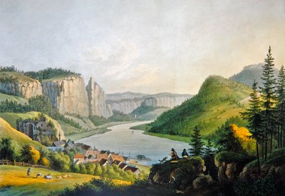 易北河上靠近萨克森州Konigstein的Wehlen景观，由Johann-Friedrich Wizani（1770-1835）雕刻（彩色雕刻）。 作者 约翰·戈特弗里德（后）詹奇