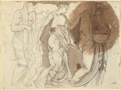 三个女性形象，以浮雕形式排列。三个Horae?(B.S.) 作者 Johann Heinrich Füssli