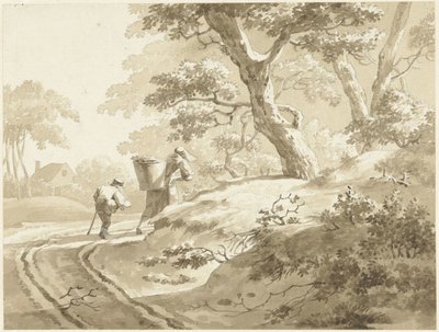 乡间小路上的妇女和男孩与风景 作者 约翰·海因里希·凯勒 (II) (可能)