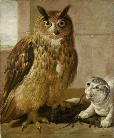 鹰猫头鹰和猫与死老鼠 作者 Johann Heinrich Roos