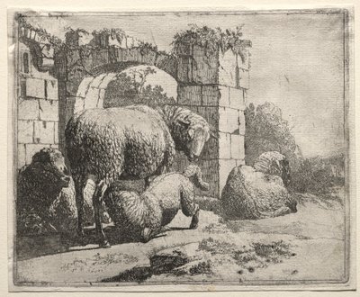 靠近拱门废墟的绵羊，1665年。 作者 约翰·海因里希·罗斯