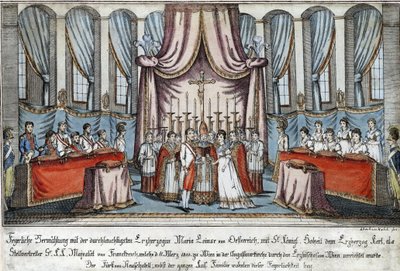 Marie-Louise married Napoleon by proxy in Vienna, with Archduke Charles standing in for Napoleon - Loeschenkohl, Johann Hieronymus (1753-1807) - 1810 - Etching, watercolour - 33,4x44,5 - Private Collection 作者 约翰·希罗尼缪斯·罗申科