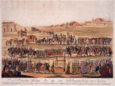 苏丹塞利姆三世(1761-1808)1789年4月13日进入腰部佩刀的场景 - Loeschenkohl, Johann Hieronymus (1753-1807) - 1789年 - 蚀刻画，水彩画 - 38,6x50,2 - 私人收藏 作者 Johann Hieronymus Loeschenkohl