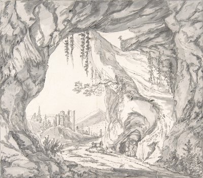 山区风景与城堡的废墟和洞穴中的三个人......，18世纪末至19世纪初。 作者 约翰·胡贝尔