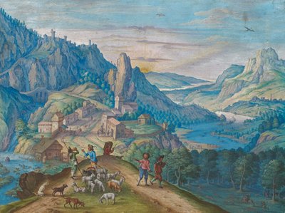 夜幕降临时的山地景观，有河谷和人物，1640年。 作者 约翰·雅各布·贝瑟勒（Johann Jacob Besserer）