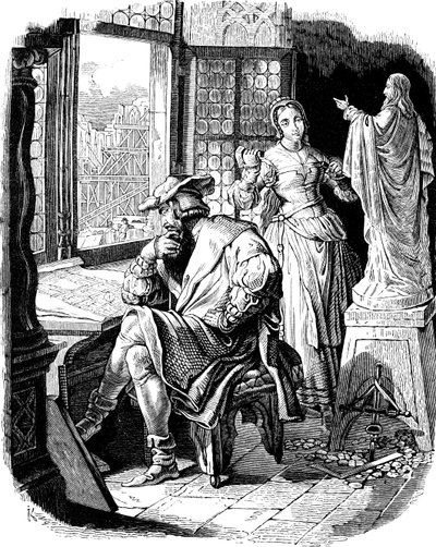 建筑师Erwin von Steinbach和他的女儿Sabina 插图来自E. Duller的《德国人民历史》，1840年 作者 约翰·雅各布·基希霍夫（Johann Jakob Kirchhoff）