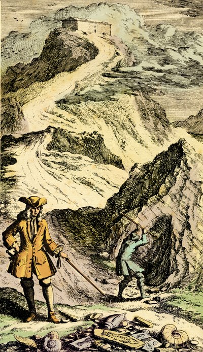 古生物学：瑞士博物学家约翰-雅各布-舍赫泽（Johann Jakob Scheuchzer，1672-1733 年）通过化石在瑞士山区发现了世界大洪水的痕迹。来自 "Museum Diluvianum "的雕刻" 作者 约翰·雅各布·舒赫泽