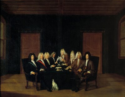 西班牙王位继承战争：“1714 年 7 月 9 日，在博登和平大会上，全权代表聚集在维拉尔侯爵公爵和萨伏依-卡里尼昂的尤金亲王（萨瓦·卡里尼昂，苏瓦松伯爵（1663-1736）周围）” ” 约翰·鲁道尔 (Johan Rudol) 作画 作者 约翰·鲁道夫·约翰·胡贝尔