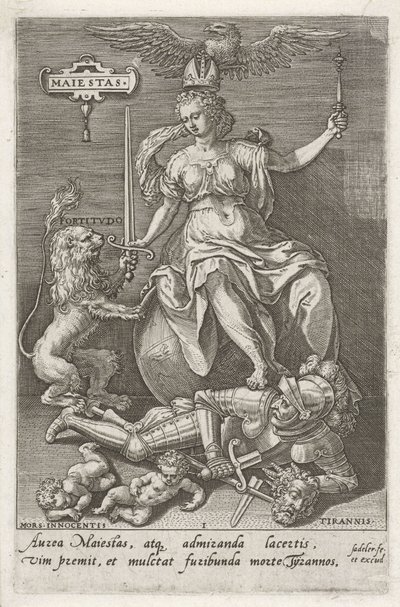 尊严（Majestas）战胜暴政（Tirannis）
Maiestas（物品上的标题）
美德战胜恶习（系列名称） 作者 约翰·萨德勒（一）