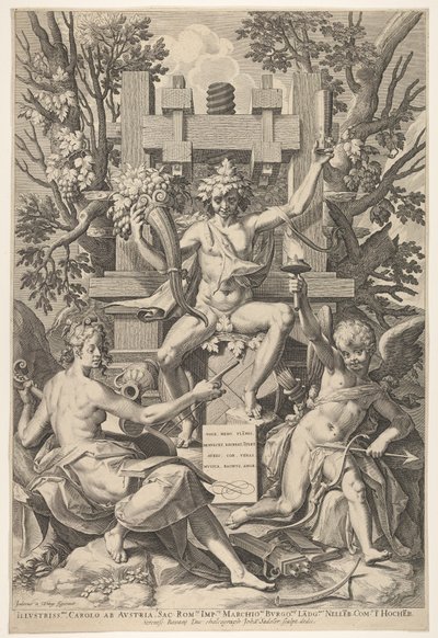 巴克斯（Bacchus），音乐，阿莫尔（Amor），1575-1600年。 作者 约翰·萨德勒一世
