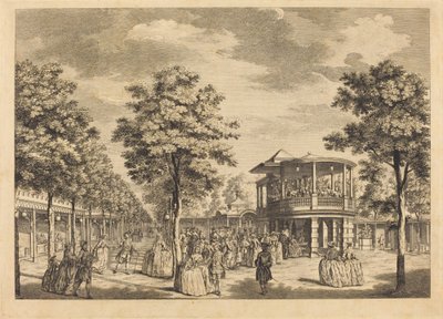 沃克斯豪尔花园，展示了花园入口处的大通道和乐队的音乐演奏 作者 塞缪尔·威尔之后的约翰·塞巴斯蒂安·穆勒