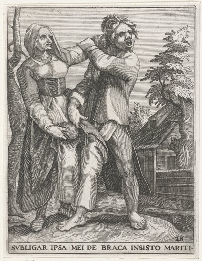 裤子争夺战
SUBLIGAR IPSA MEI DE BRACA INSISTO MARITI（物品上的标题）
塞库拉利亚徽章，1596 年（系列标题） 作者 约翰·西奥多·德·布里