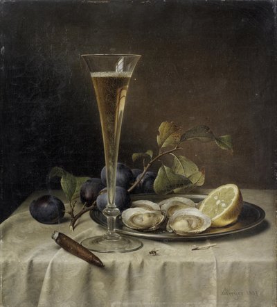 香槟和牡蛎的静物画，1857年。 作者 约翰·威廉·普雷耶（Johann Wilhelm Preyer）