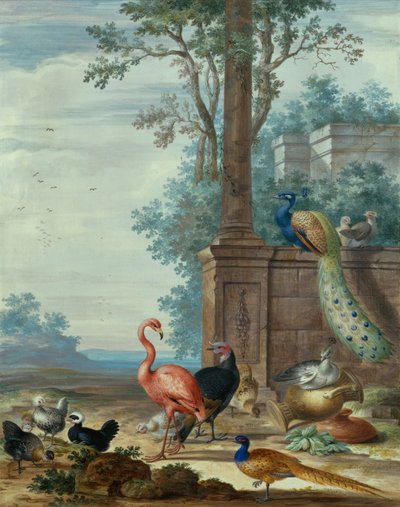 一幅意大利风格的风景画，画有孔雀、野鸡、火烈鸟和其他禽类（水粉画） 作者 约翰尼斯·布朗克霍斯特（Johannes Bronckhorst）