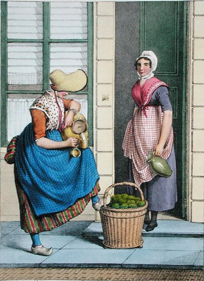 一个卖牛奶和蔬菜的女人，插图来自于 "Collections des Costumes des Provinces Septentrionales du Royaume des Pays Bas..."，由Villeneuve刻制。 作者 约翰内斯·弗朗西斯（后）基督