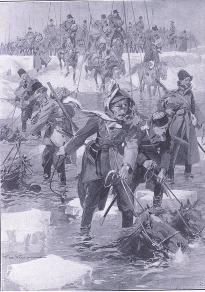 马术的壮举。俄罗斯骑兵穿越河流，插图来自日本战争卷1，c.1900的历史 作者 约翰尼斯·赫尔曼·巴伦德·科克科克（Johannes Hermann Barend Koekkoek）