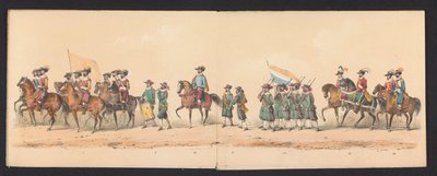 1850 年格罗宁根中学学生的历史庆典（图版 2）
1594 年奥兰治亲王、拿骚伯爵莫里斯和拿骚伯爵威廉-洛德维克进入格罗宁根时的服装表演，由 H.H. 表演。 作者 约翰内斯·赫曼努斯·范德韦耶