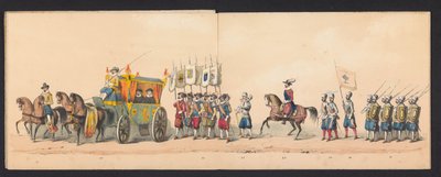 格罗宁根中学学生的历史庆典，1850 年（图版 4）
1594 年奥兰治亲王、拿骚伯爵莫里斯和拿骚伯爵威廉-洛德维克进入格罗宁根时的盛装表演，由 H.H. Groningen 制作。 作者 Johannes Hermanus van de Weijer