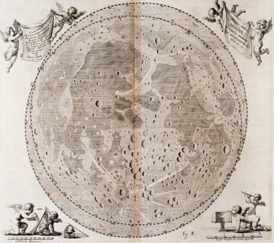 约翰·赫维留斯 (Johann Hevelius) 于 1647 年绘制的第一张详细的月球地图，打印自 Johann Hevelius (1611-1687) 天体地图集 Selenographia sive Lunae descriptio，格但斯克 作者 约翰尼斯·赫维留斯