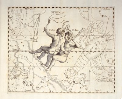 双子座的双子座，天体图集 Firmamentum Sobiescianum sive Uronographia 的雕刻，作者约翰-赫维留斯（1611-1687 年），格但斯克 作者 Johannes Hevelius