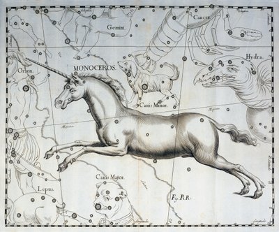 独角兽座，天体图集《Firmamentum Sobiescianum sive Uronographia》中的雕刻，作者约翰-赫维留斯（1611-1687 年），格但斯克 作者 Johannes Hevelius