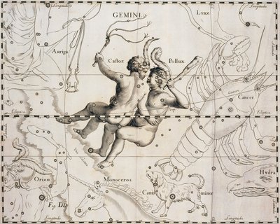双子座，来自Firmamentum Sobiescianum sive Uranographia的插图，Johann Hevelius (1611-1687), Gdansk 1690. 作者 Johannes Hevelius