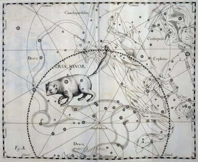 小熊座，小熊座的北方星座，雕刻自天体图集 Firmamentum Sobiescianum sive Uronographia，约翰·赫维留斯 (Johann Hevelius，1611-1687)，格但斯克 作者 Johannes Hevelius
