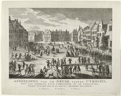 1787 年，爱国者放弃乌特勒支的 Neude 路
描绘乌特勒支内的 Neude 在 MDCCLXXXVII 年 9 月 XV 日至 XVI 日夜间被遗弃时的景象（标题见实物） 作者 约翰尼斯·杰格威斯（Johannes Jelgerhuis）