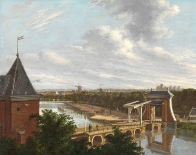 从剧院眺望阿姆斯特丹外护城河和莱德斯堡（Leidsepoort）附近的景色
从市立剧院看阿姆斯特丹外护城河和莱德斯港 作者 约翰尼斯·杰格威斯（Johannes Jelgerhuis）