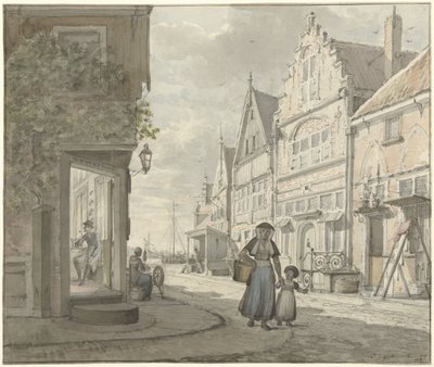妇女带着孩子走在渔村的街道上 作者 约翰尼斯·杰格威斯（Johannes Jelgerhuis）