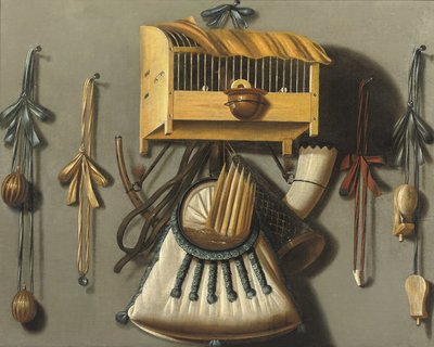 挂在墙上的笼中鸟、狩猎号角、鸟哨和其他狩猎工具的彩绘静物画 作者 约翰尼斯·里曼斯