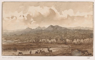 有鹿的山景 作者 Johannes Tavenraat（艺术家签名）