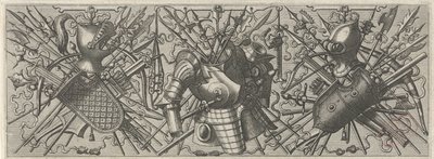 左侧有头盔、盾牌、交叉棍臂和弩的楣板
Panoplia sev armamentarium...（系列名称） 作者 Lucas van Doetechum 的约翰内斯