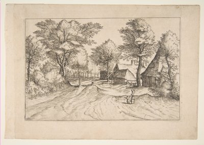 带有农场和棚屋的村路，来自于《小型景观多面手》系列，1559-61。 作者 约翰内斯·范·杜特克姆一世