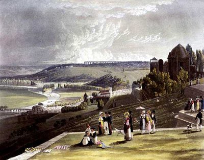圣日耳曼，出自《塞纳河上的风景》，由丹尼尔-哈维尔（1785-1826）雕刻，由R-阿克曼（1764-1834）出版，1821年（彩色平印）。 作者 约翰（后）根德尔