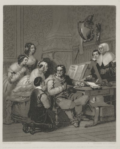 克伦威尔一家为查理一世的生平而代祷，阿尔弗雷德·约翰诺（Alfred Johannot）印刷（版画） 作者 约翰（后）沙坦
