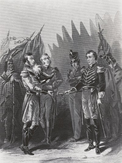 7月15日，美国将军威廉-赫尔在底特律向英国军队和美国本土战士投降。 作者 沃尔特·查尔斯·米尔斯
