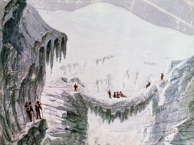 攀登勃朗峰，攀登者悬挂在裂缝中，水彩画，法国 作者 Walter Charles Mills