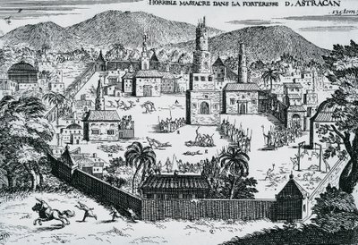 1670年，Stepan Razin领导的哥萨克人进攻俄罗斯阿斯特拉罕要塞。 作者 沃尔特·查尔斯·米尔斯