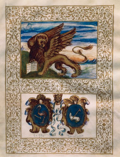 威尼斯的翼狮和莱夫与甘迪诺的盾形纹章，6月18日Privilegio della Serenissima alla Val Gandino的微型画。 作者 沃尔特·查尔斯·米尔斯