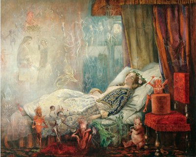 ""Le reve apres le bal masque"" (The dream after the masked ball) Peinture de John Anster Fitzgerald (1832-1906), - Oil on canvas, 35,5x44,5 - Private Collection 作者 约翰·安斯特·菲茨杰拉德
