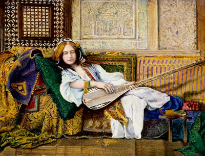 "在后宫"，东方女子躺在沙发上，手持一把琵琶。约翰-阿特金森-格里姆肖（1836-1893 年）的画作 作者 约翰·阿特金森·格里姆肖