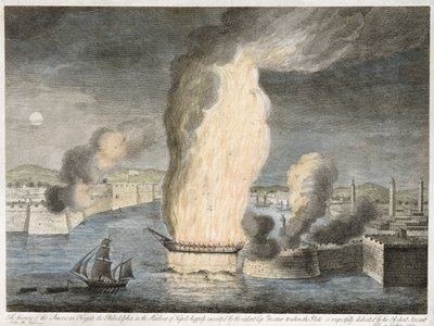 美国Fregate的燃烧[原文如此]费城在的黎波里港，1805年（手绘彩色线条在纸上雕刻） 作者 约翰·B·瓜拉齐