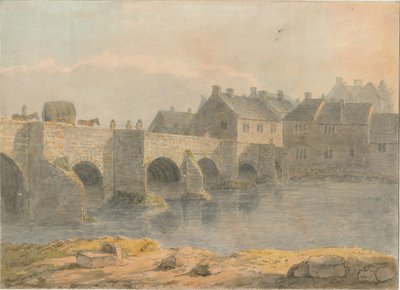 特伦特河畔伯顿大桥和小镇：水彩画，nd [？18th cent] 作者 约翰·巴克勒