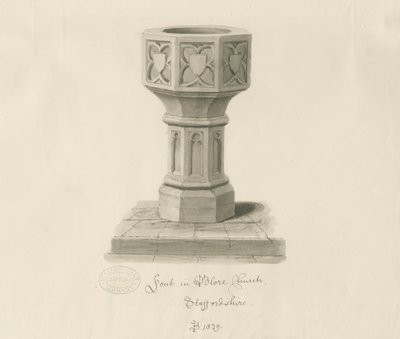 布洛尔教堂（Blore Church）的字体：棕褐色图纸，1839年 作者 约翰·巴克勒