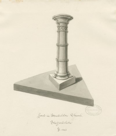 Mucklestone教堂的字体：棕褐色水墨画，1843年 作者 约翰·巴克勒
